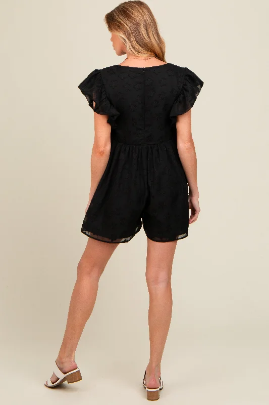 black-floral-split-v-neck-ruffle-sleeve-maternity-romper