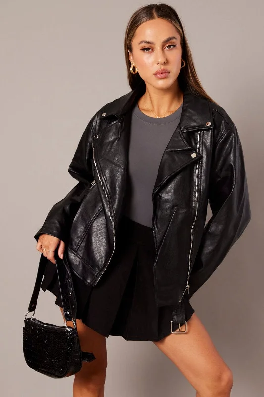 Black Jacket Long Sleeve Collared Faux Leather