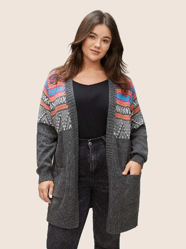 Boho Contrast Jacquard Patched Pocket Cardigan