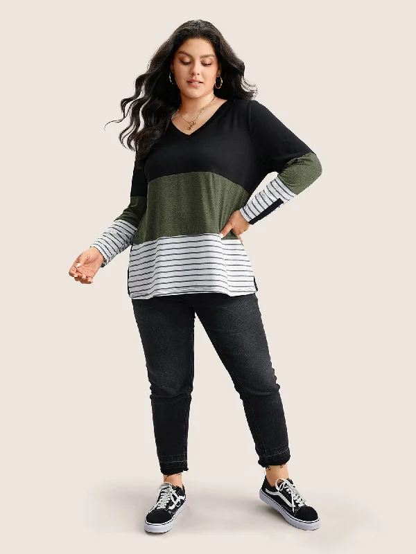 colorblock-contrast-striped-v-neck-t-shirt