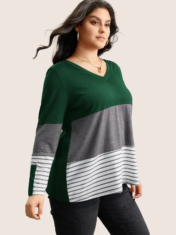 colorblock-contrast-striped-v-neck-t-shirt