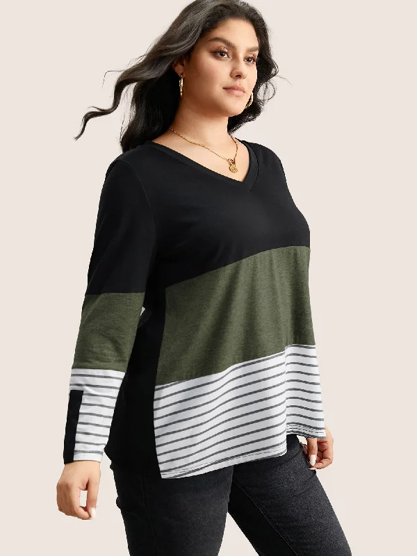 colorblock-contrast-striped-v-neck-t-shirt