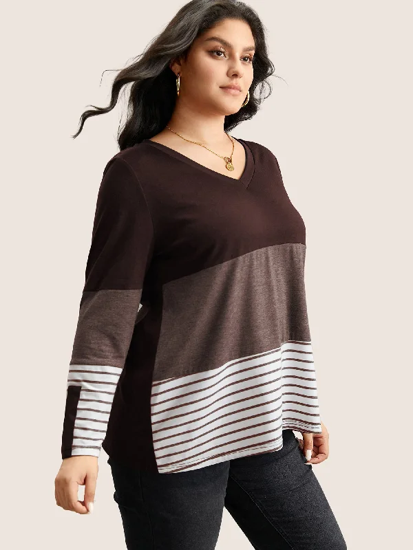 colorblock-contrast-striped-v-neck-t-shirt