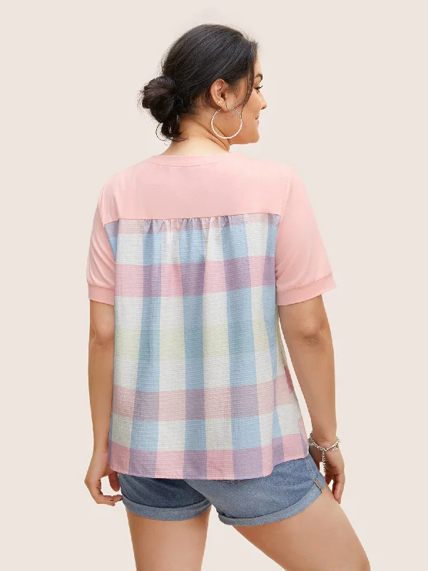 crew-neck-colored-plaid-patchwork-gathered-t-shirt