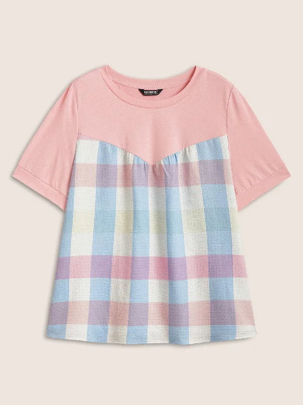 crew-neck-colored-plaid-patchwork-gathered-t-shirt