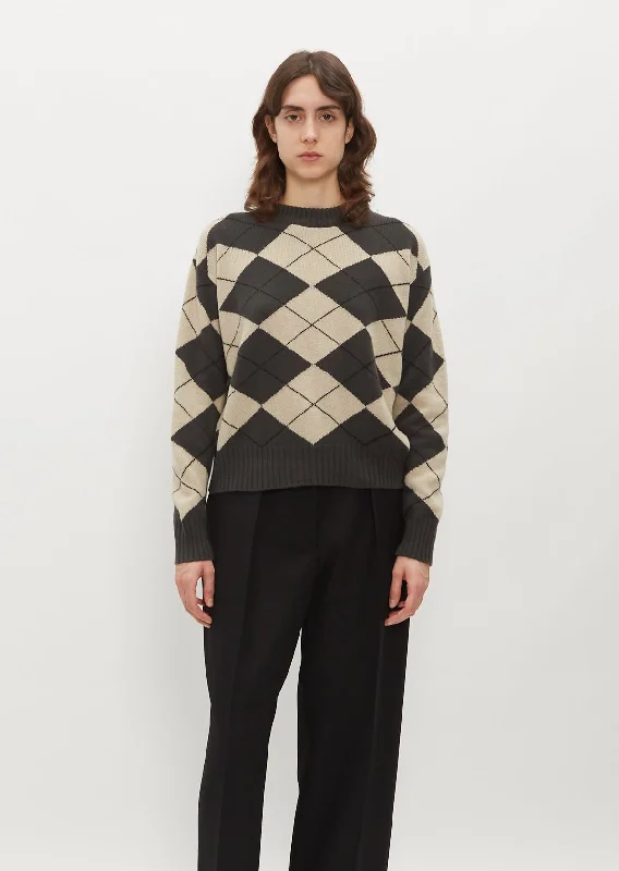 Oversized Merino Cashmere Argyle Jumper — Khaki/Ecru