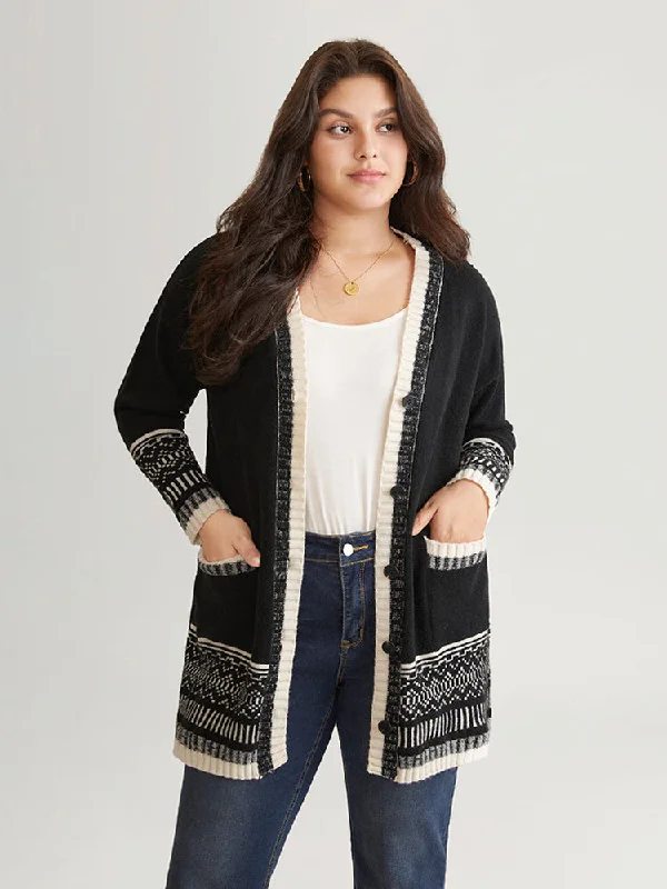 Geometric Jacquard Contrast Pocket Cardigan