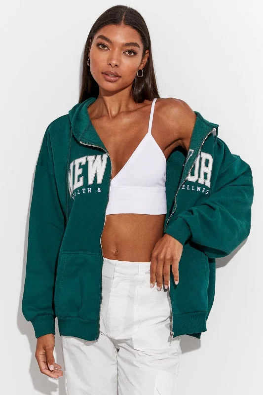 Green Hoodie Zip Long Sleeves Embroidery