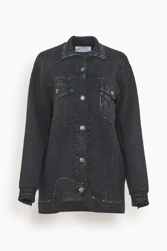 Hana Denim Print Oversized Jacket in Black Green