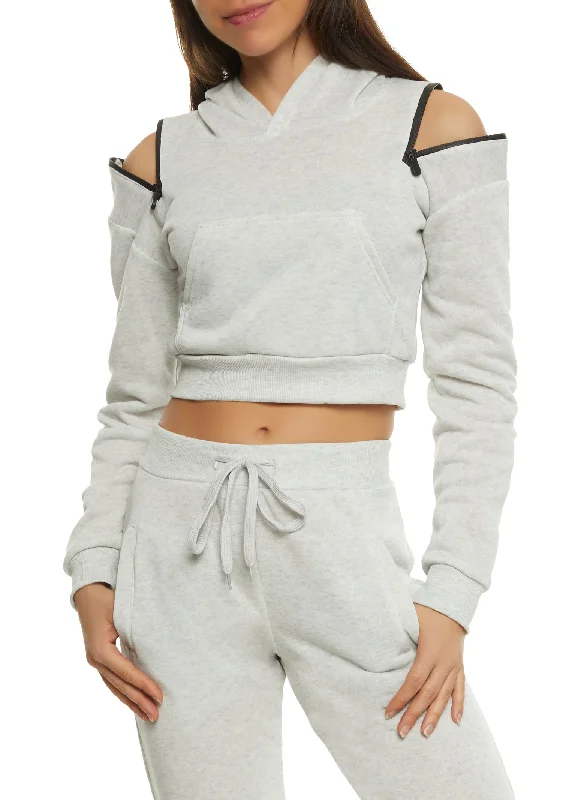 Zip Cold Shoulder Cropped Hoodie