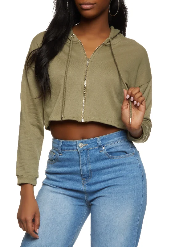 Solid Zip Front Cropped Hoodie