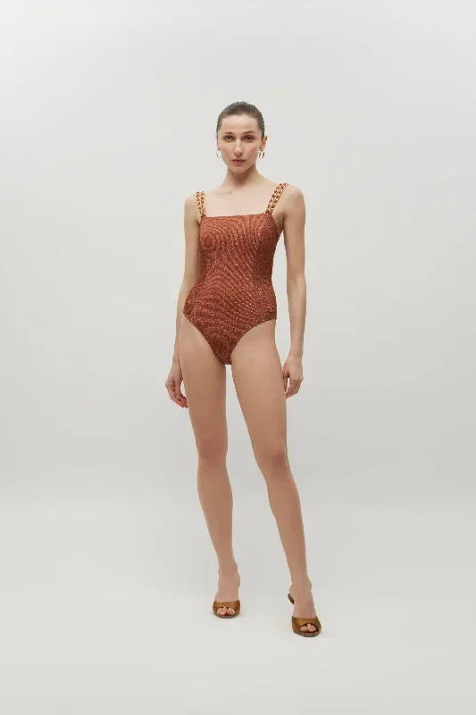 Patrice Straps Chain Swimsuit / Brown textured shiny