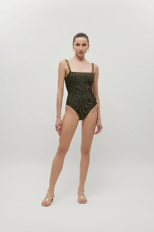 Patrice Straps Chain Swimsuit / Black textured shiny