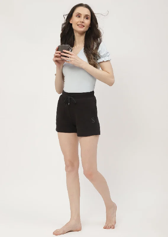 Madame Solid Black Drawstring Waist Shorts