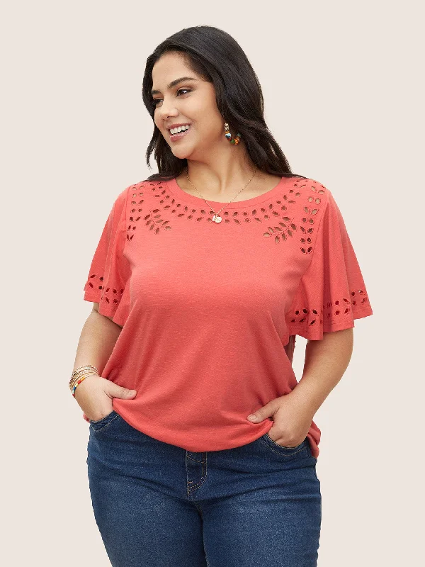 Solid Broderie Anglaise Flutter Sleeve T-shirt