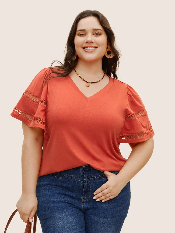 Solid Cut Out Patchwork Ruffle Sleeve T-shirt