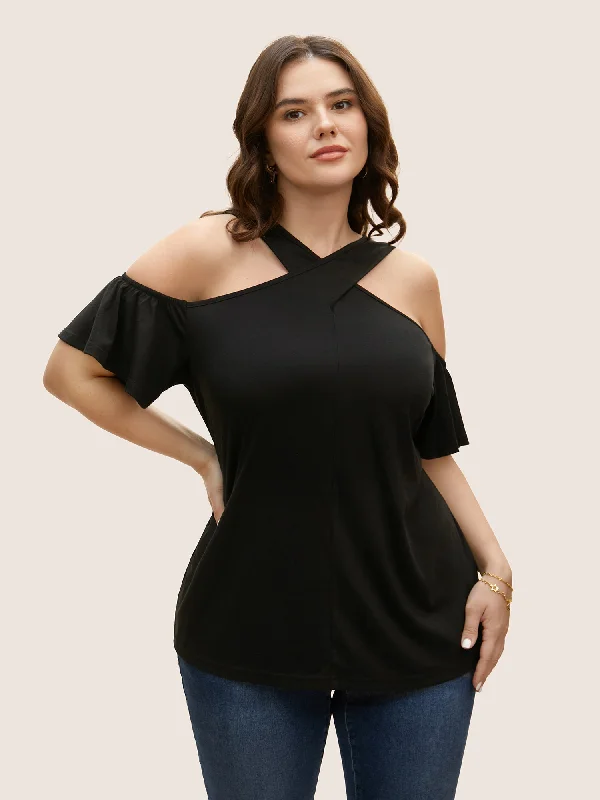 Solid Overlap Collar Ruffle Sleeve T-shirt