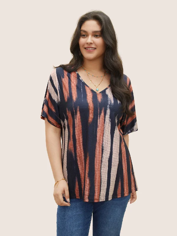 Striped Contrast Dolman Sleeve V Neck T-shirt