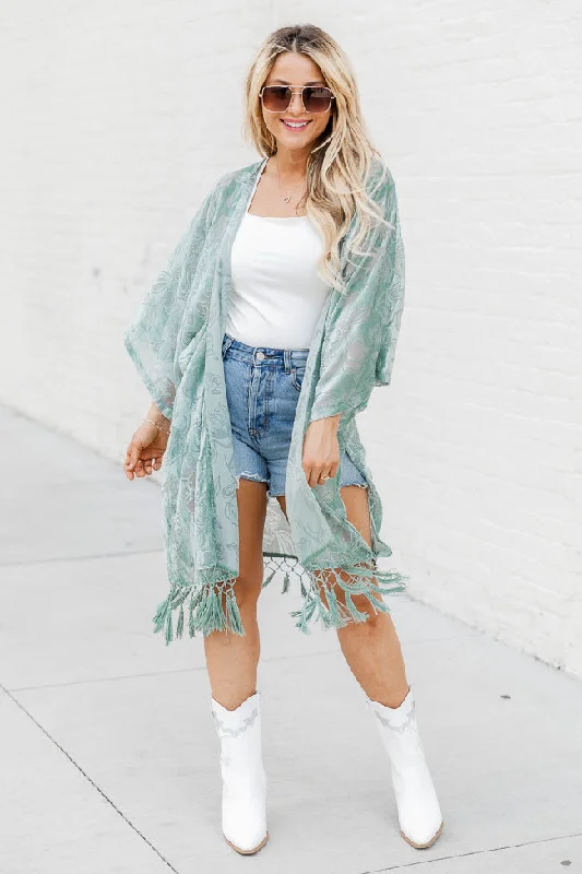 Unapologetically You Sage Velvet Floral Fringe Trim Kimono FINAL SALE