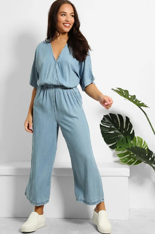 V-Neck Relaxed Fit Denim Jumpsuit