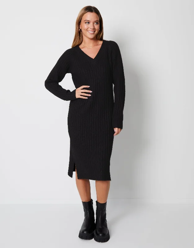 Women's Black V Neck Knitted Midi Dress