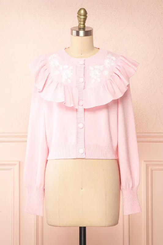 Youjeen | Pink Knit Cardigan w/ Ruffles